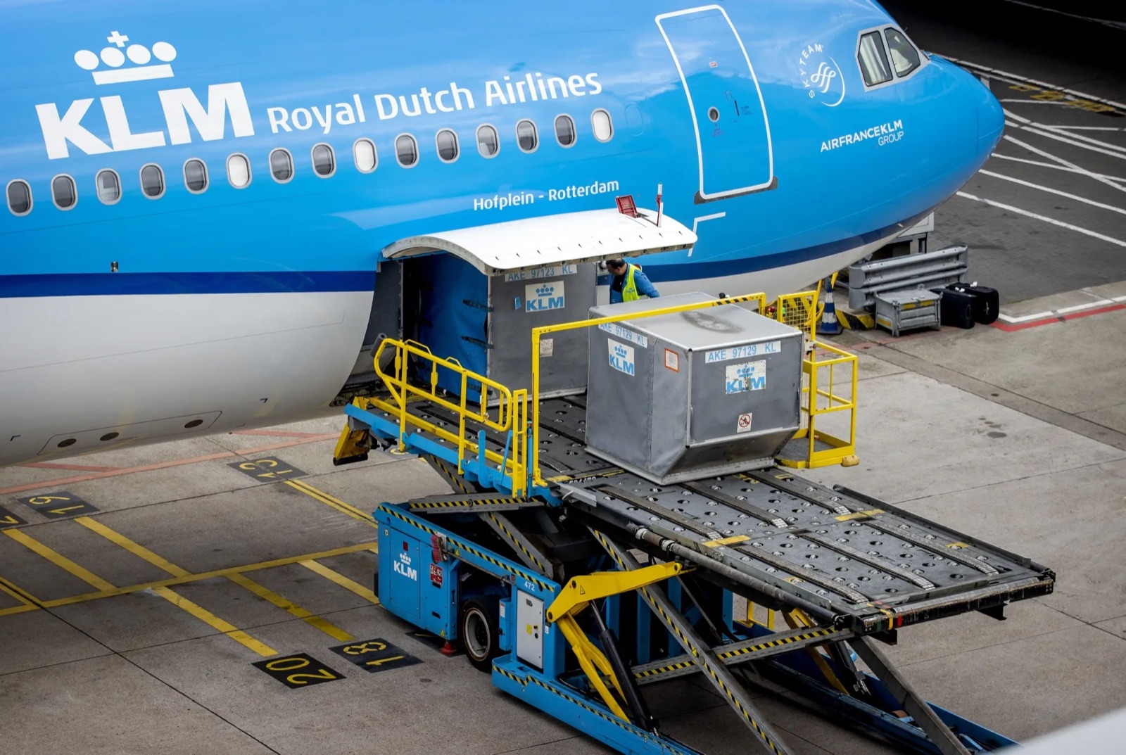 Cargo container being loaded into a KLM aircraft
