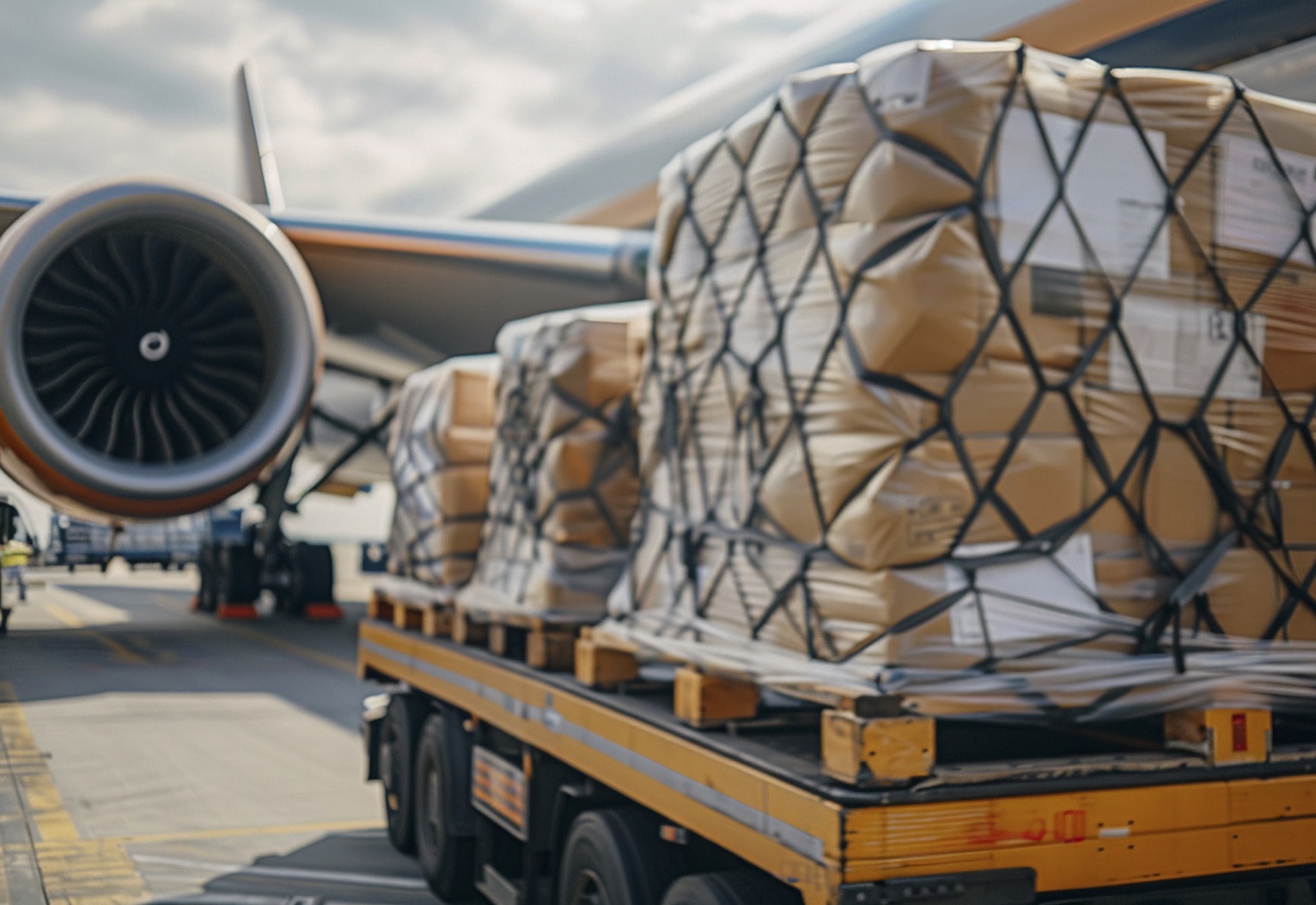 Palletised cargo beside a cargo aircraft