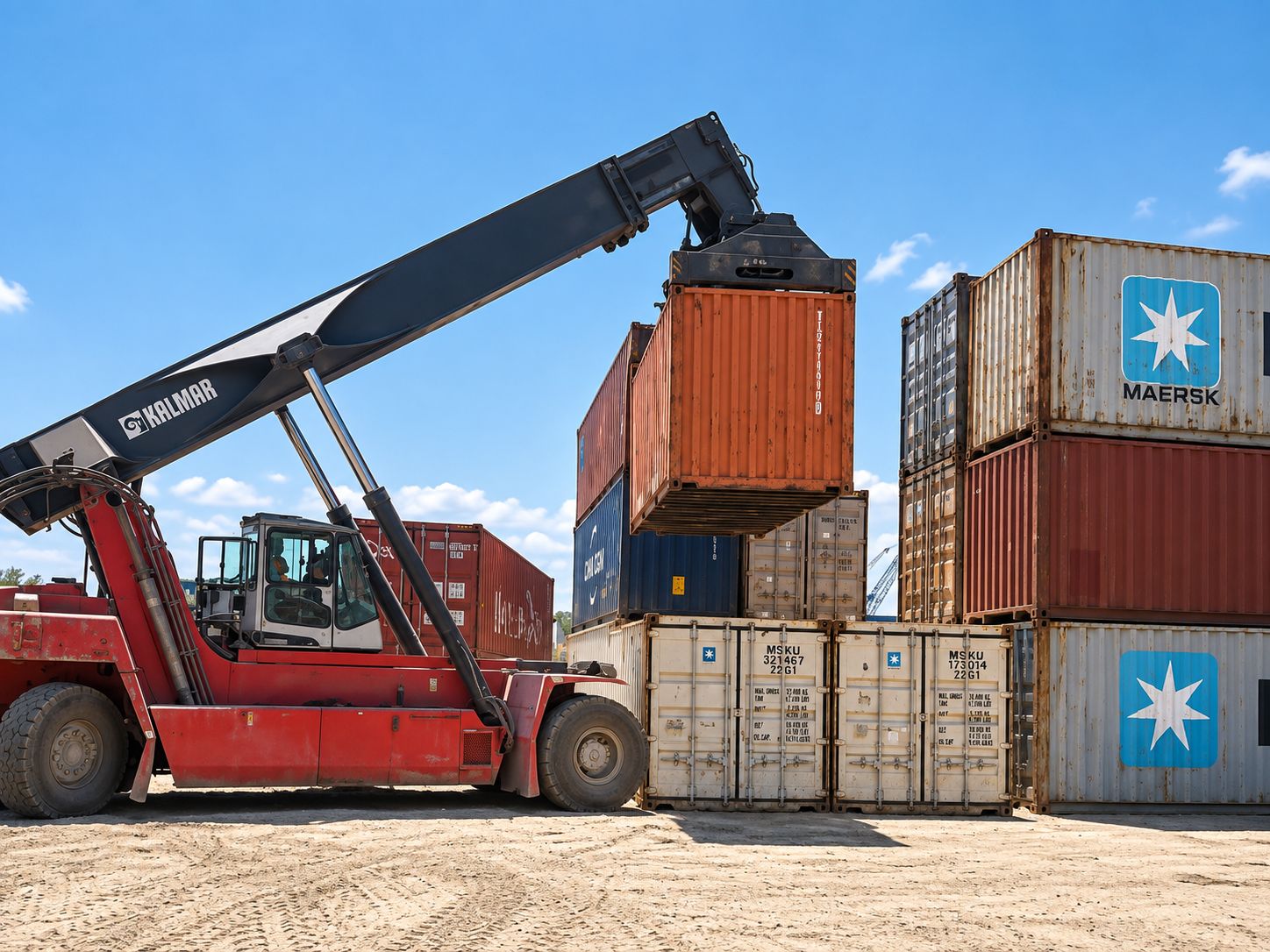 Reach stacker lifting a shipping container